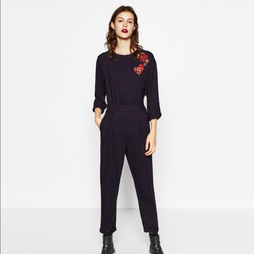 Zara Black Jumpsuit with Red Floral Embroidery